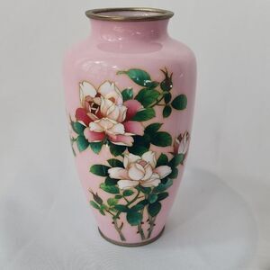 Vintage Pink Floral Cloissone Enamel Vase MCM Japan Coquette